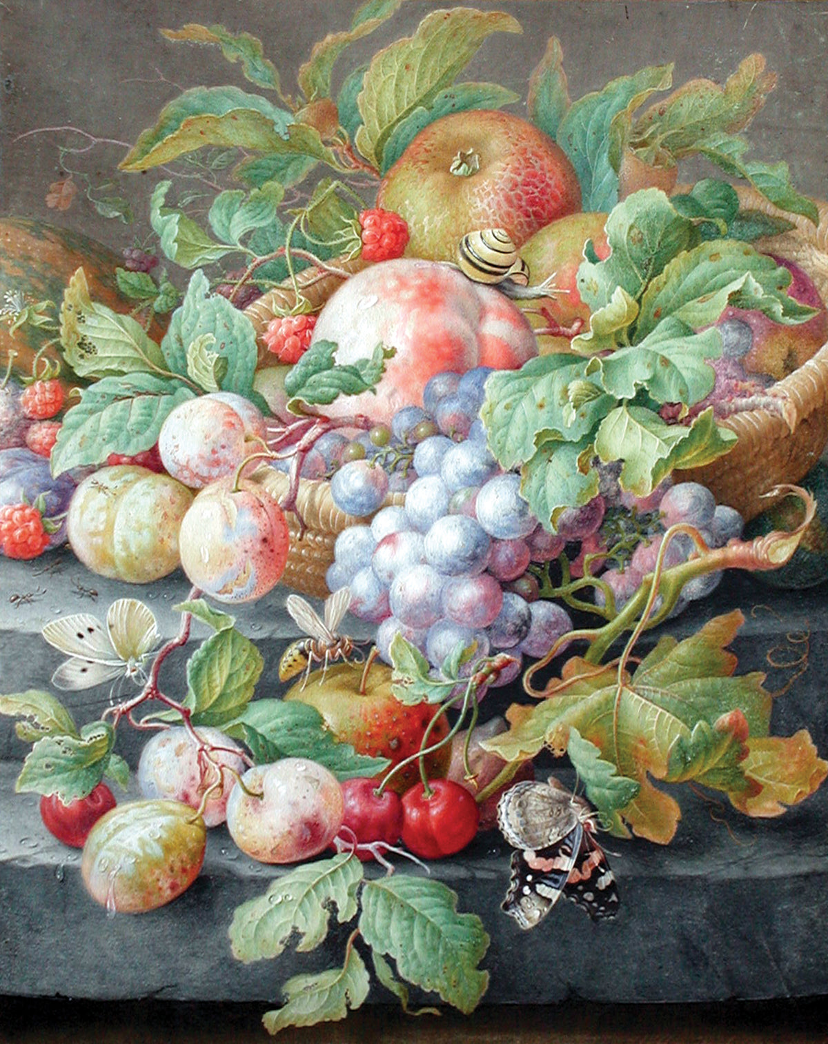 HENSTENBURGH, Herman (Dutch, 1667-1726), Still-life with fruit, a snail, a bee, a cabbage butterfly and a tortoise shell butterfly