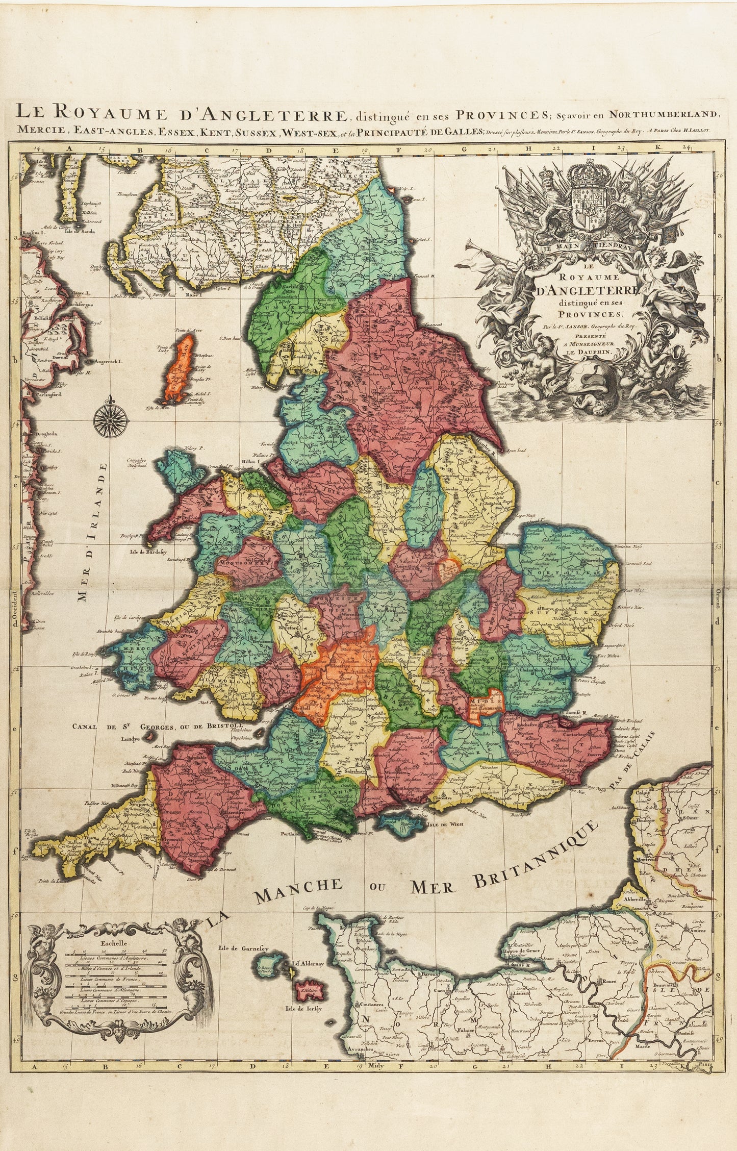 Jaillot, Alexis Hubert. Le Royaume d'Angleterre; scavoir en Northumberland, Mercie, East-Angles, Essex, Kent, Sussex, West-sex, et la Principaute de Galles.  Paris: 1693