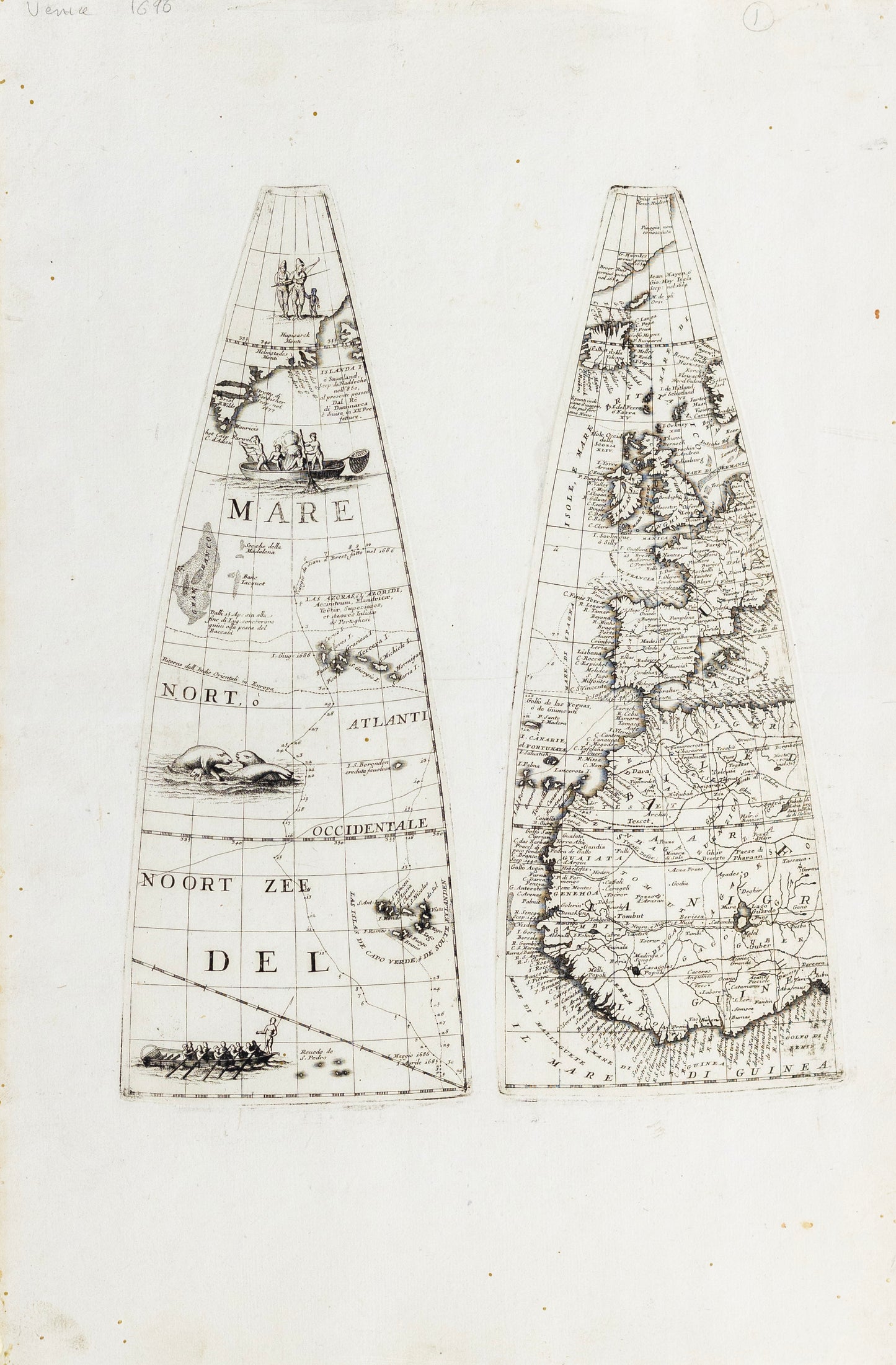 Vincenzo Maria Coronelli. Globe gore of Atlantic Ocean, Spain, Portugal, West Coast of Africa, England. Venice, 1698.