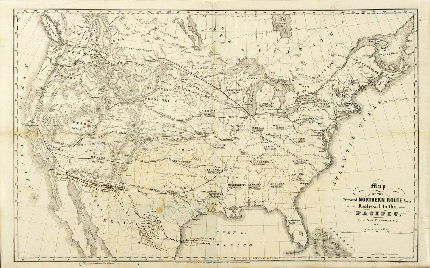 Johnson, Edwin F. Map of the Proposed Northern Route for a Railroad to the Pacific. Hartford, CT, 1853.