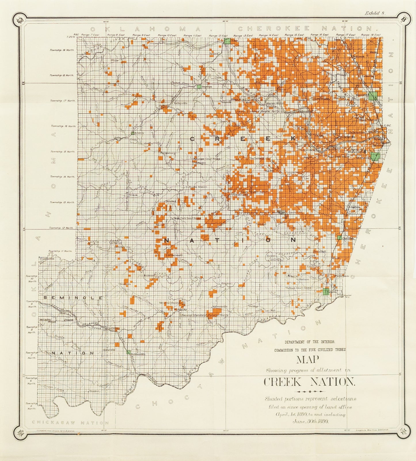 US Department of the Interior. Map Showing Progress of Allotment in the Creek Nation. 1899.