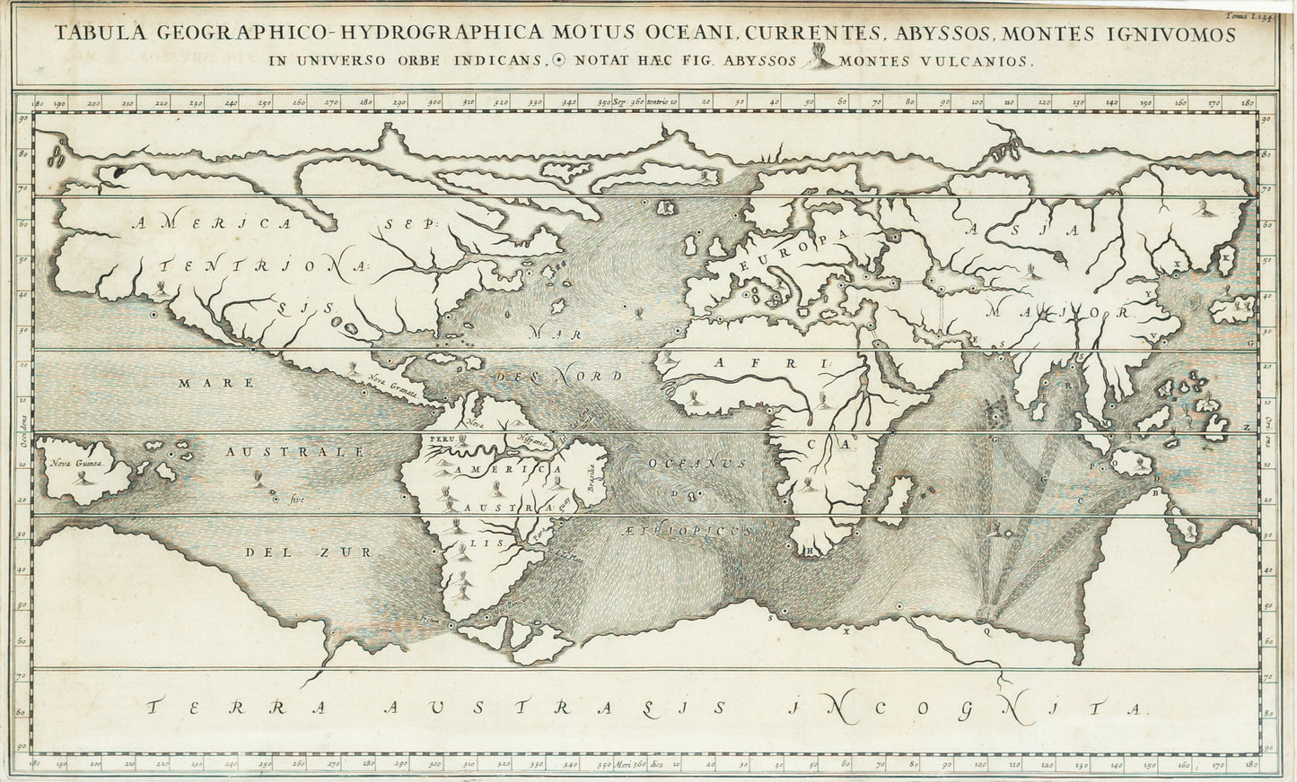 Kircher, Athanasius. Tabula Geographico-Hydrographica Motus Oceani, Currentes, Abyssos, Montes Ignivomos. Amsterdam, 1665.
