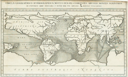 Kircher, Athanasius. Tabula Geographico-Hydrographica Motus Oceani, Currentes, Abyssos, Montes Ignivomos. Amsterdam, 1665.