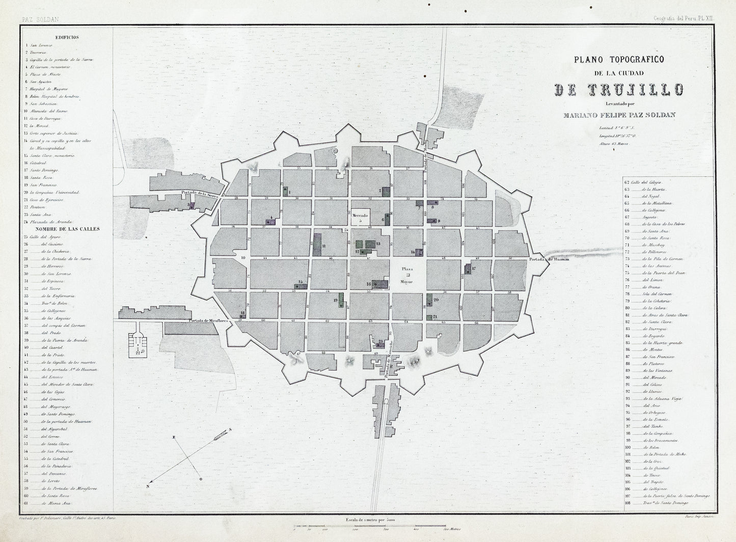 Soldan, Paz. Plano Topografico de la Ciudad de Trujillo. Paris, ca. 1865.