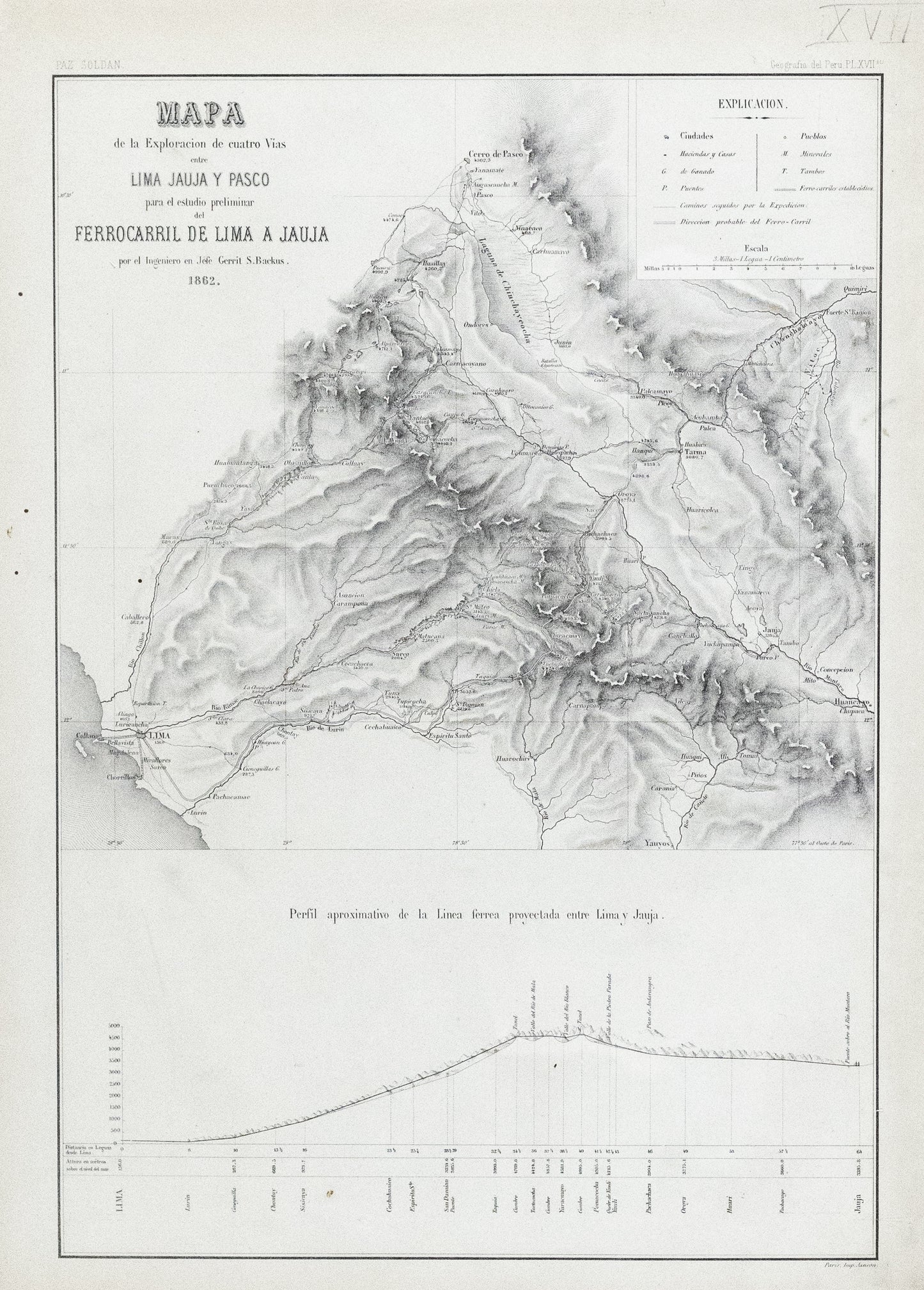 Soldan, Paz. Mapa de la Exploracion de cuatro Vias entre Lima Juaja Y Pasco para el estudio preliminar del Ferrocarril de lima a Jauja. Paris, 1862.