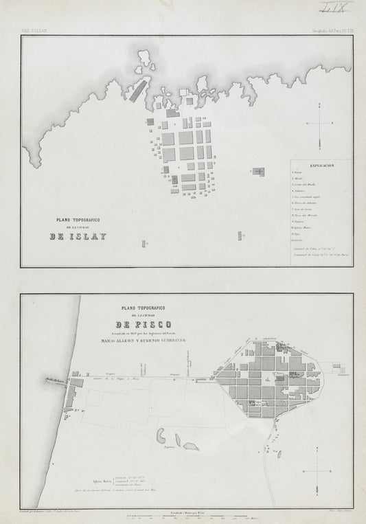 Soldan, Paz. Plano Topografico de la Ciudad de Islay...Plano Topografico de la Cuidad de Pisco. Paris, ca. 1865.