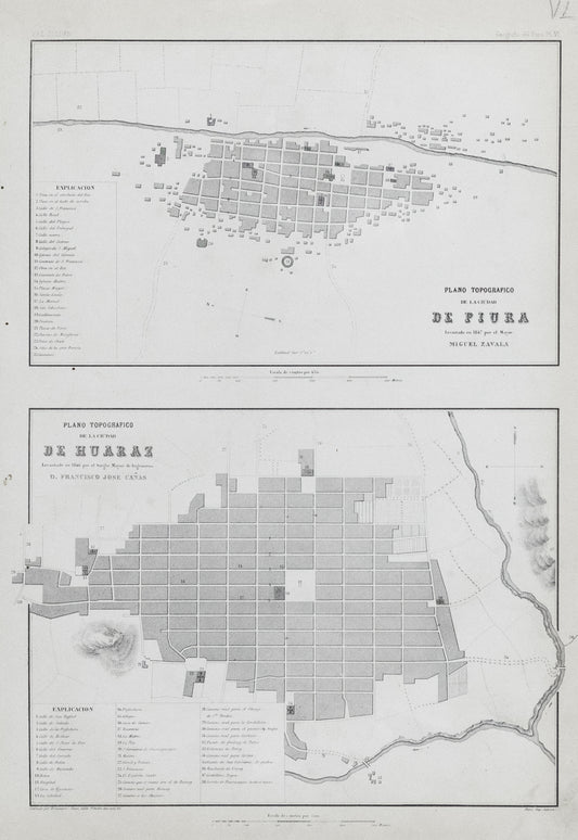 Soldan, Paz. Plano Topografico de la Ciudad de Piura... Plano Topografico de la Ciudad de Huaraz. Paris, ca. 1865.