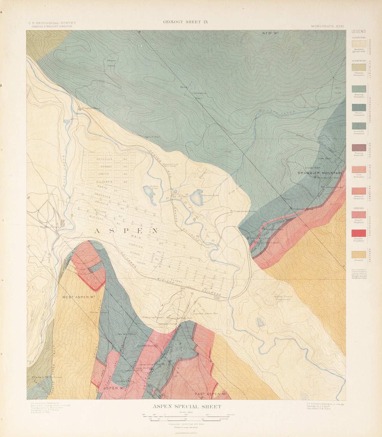 Bien, Morris. Aspen Special Sheet Geology Sheet IX. 1891.