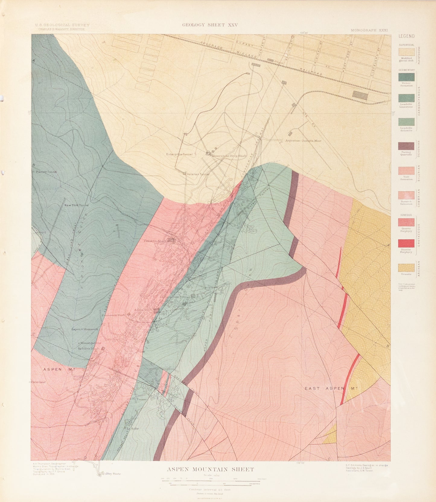 Bien, Morris. Aspen Mountain Sheet Geology Sheet XXV. 1891.