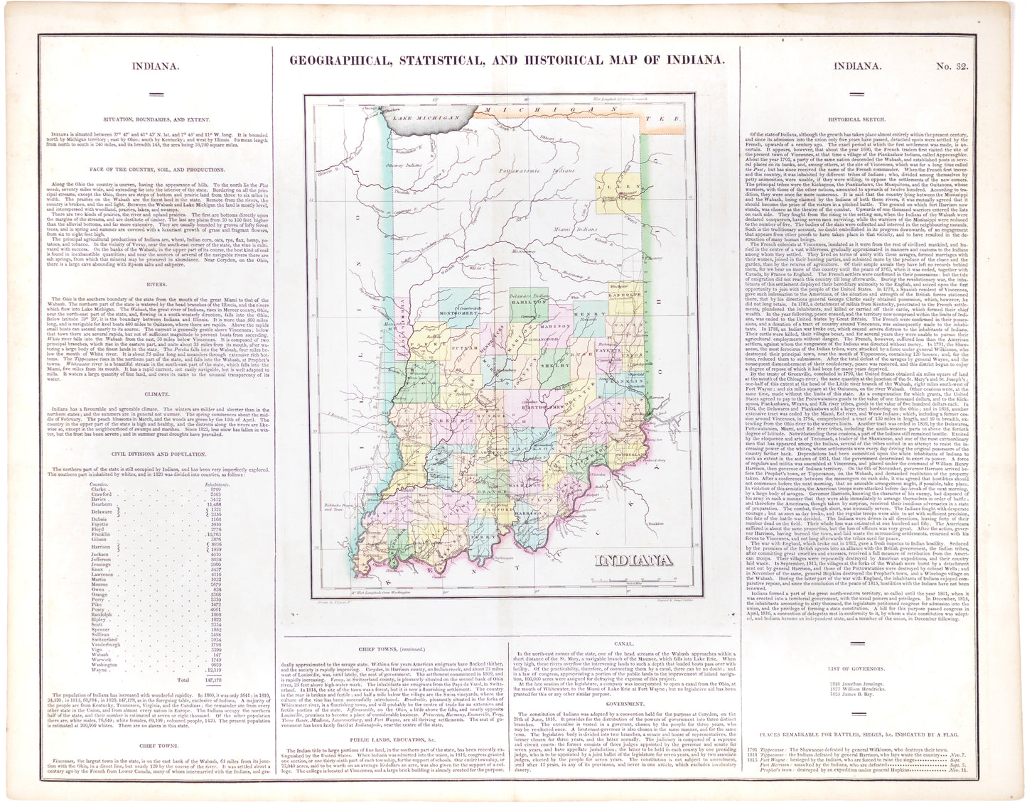 Carey, Henry Charles and Lea, Isaac. Geographical, Statistical and Historical Map of Indiana. Philadelphia, 1821.
