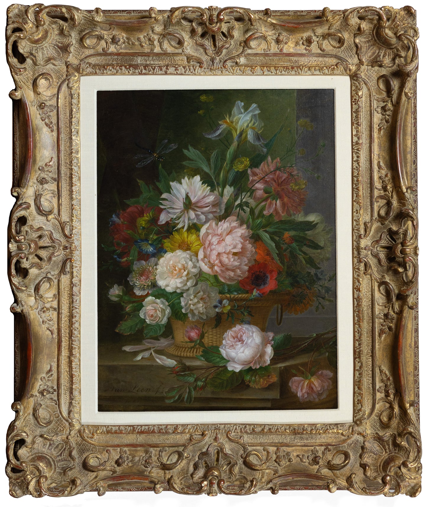 VAN LEEN, Willem (Dutch, 1753-1825). Still Life with Roses, Iris, and a dragonfly.