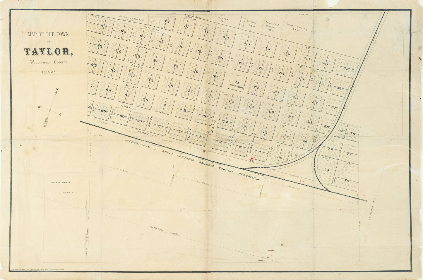 M. Strickland & Co.. Map of the Town of Taylor, Williamson County, Texas.