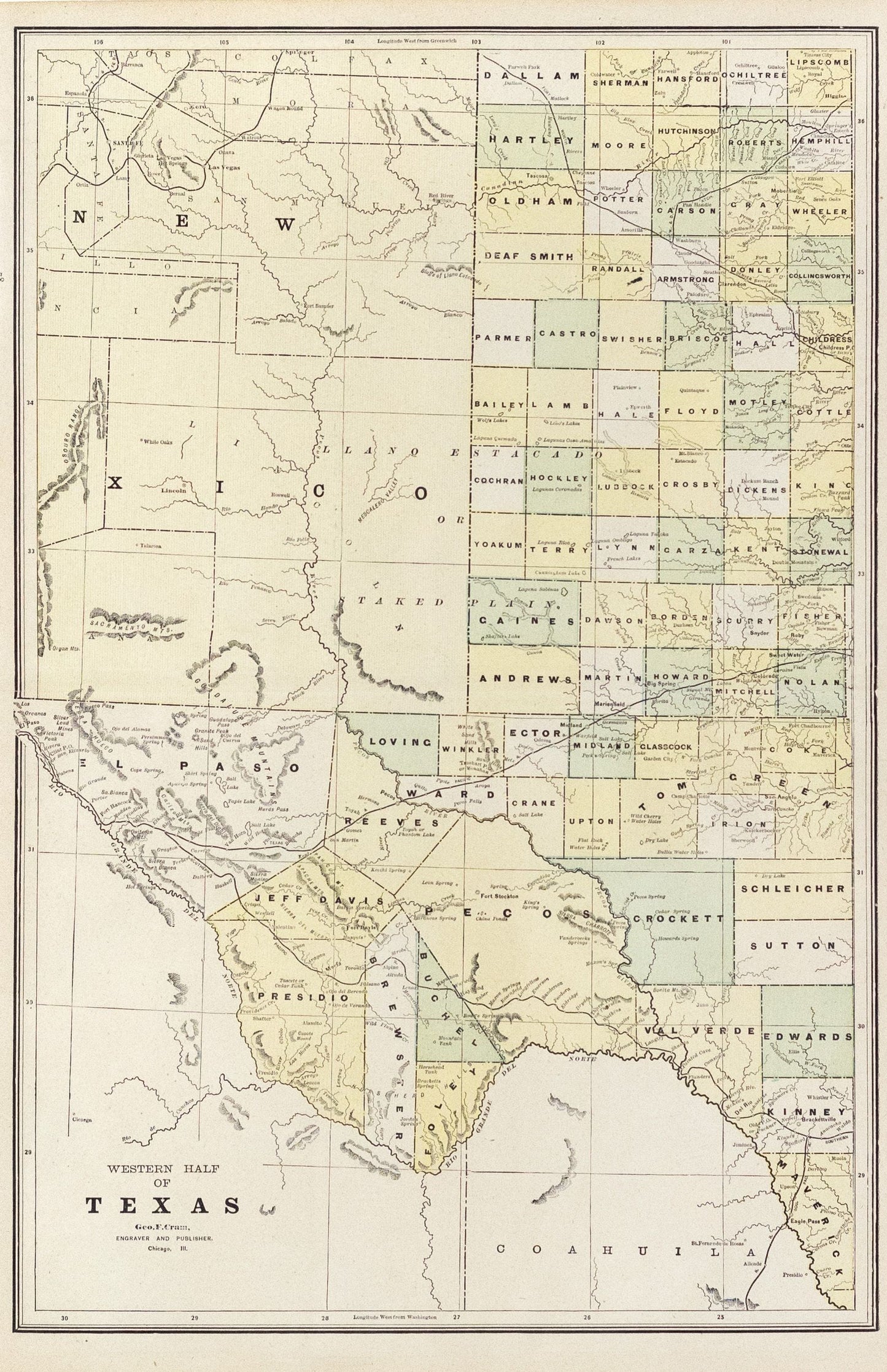 Cram, George F.. Western Half of Texas. Chicago, 1890-1900.