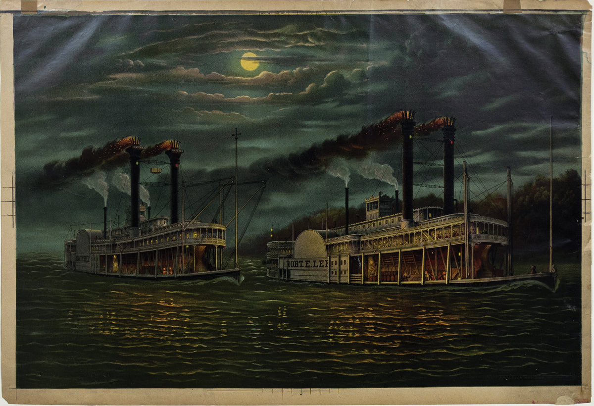 Donaldson Art Sign Co. (19th Century), Night-time Race Between Paddlewheelers Natchez and the Robert E. Lee