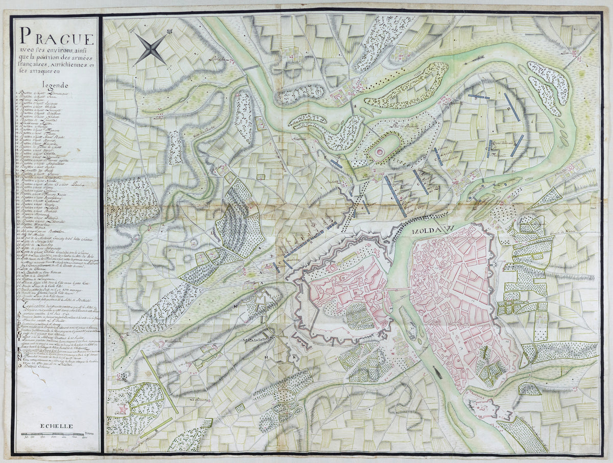 FRENCH SCHOOL (Mid-18th Century), Prague avec les environs, ainsi que la position des armees francais autrichiennes et ses attaques