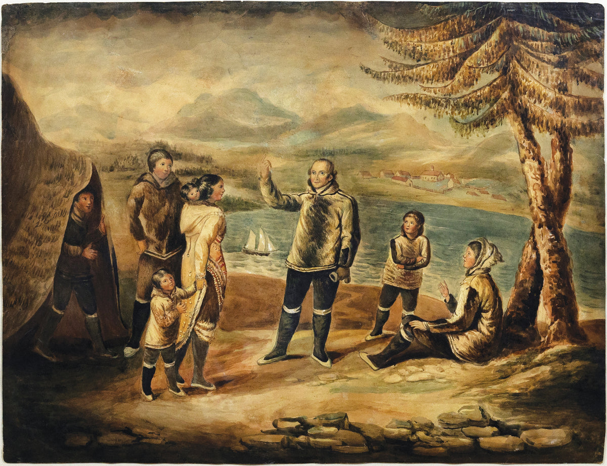 [Canada] A Moravian missionary meets with Inuit in the mid-1700s outside of Nain, Labrador, Watercolor on paper