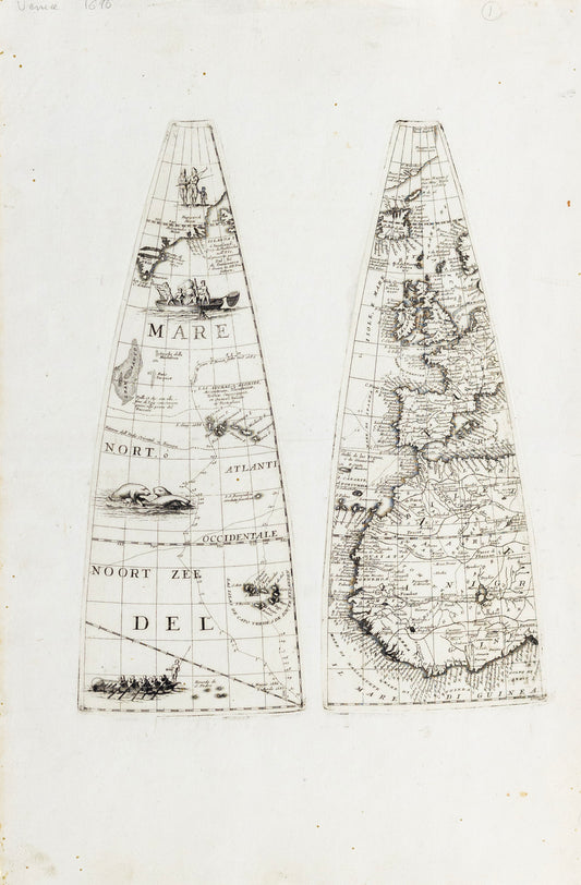 Vincenzo Maria Coronelli. Globe gore of Atlantic Ocean, Spain, Portugal, West Coast of Africa, England. Venice, 1698.