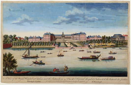 Bowles II, Thomas. [London] A View of the Royal Hospital at Chelsea and the Rotunda in Ranelagh Gardens. London: Bowles, c. 1750.