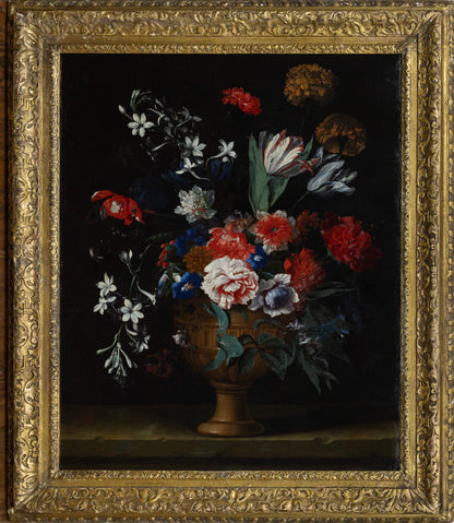 FLEMISH SCHOOL (17th century). Flowers in a vase on a ledge.