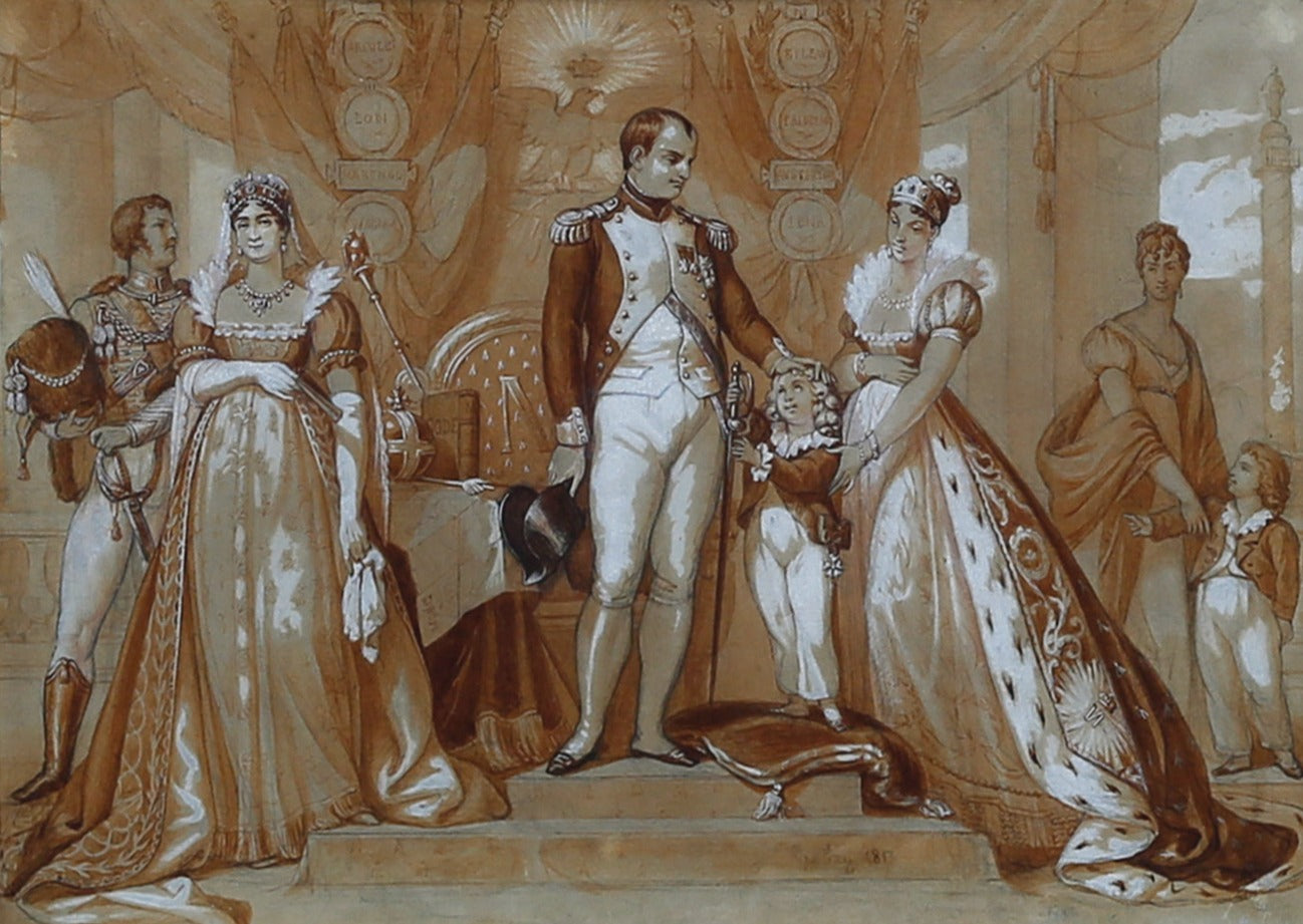 Isabey, Jean-Baptiste (attr.). Napoleon Bonaparte with the Empress Marie-Louise of Austria and the Kind of Rome. 1813.
