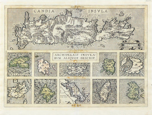 Ortelius, Abraham. Archipelagi Insularum Aliquot Descrip. Antwerp, 1617. [Crete, Metellino, Cerigo, Scarpanto, Nicsia, Santorini, Milo, Stalimene, Negroponte, Rodus and Scio].