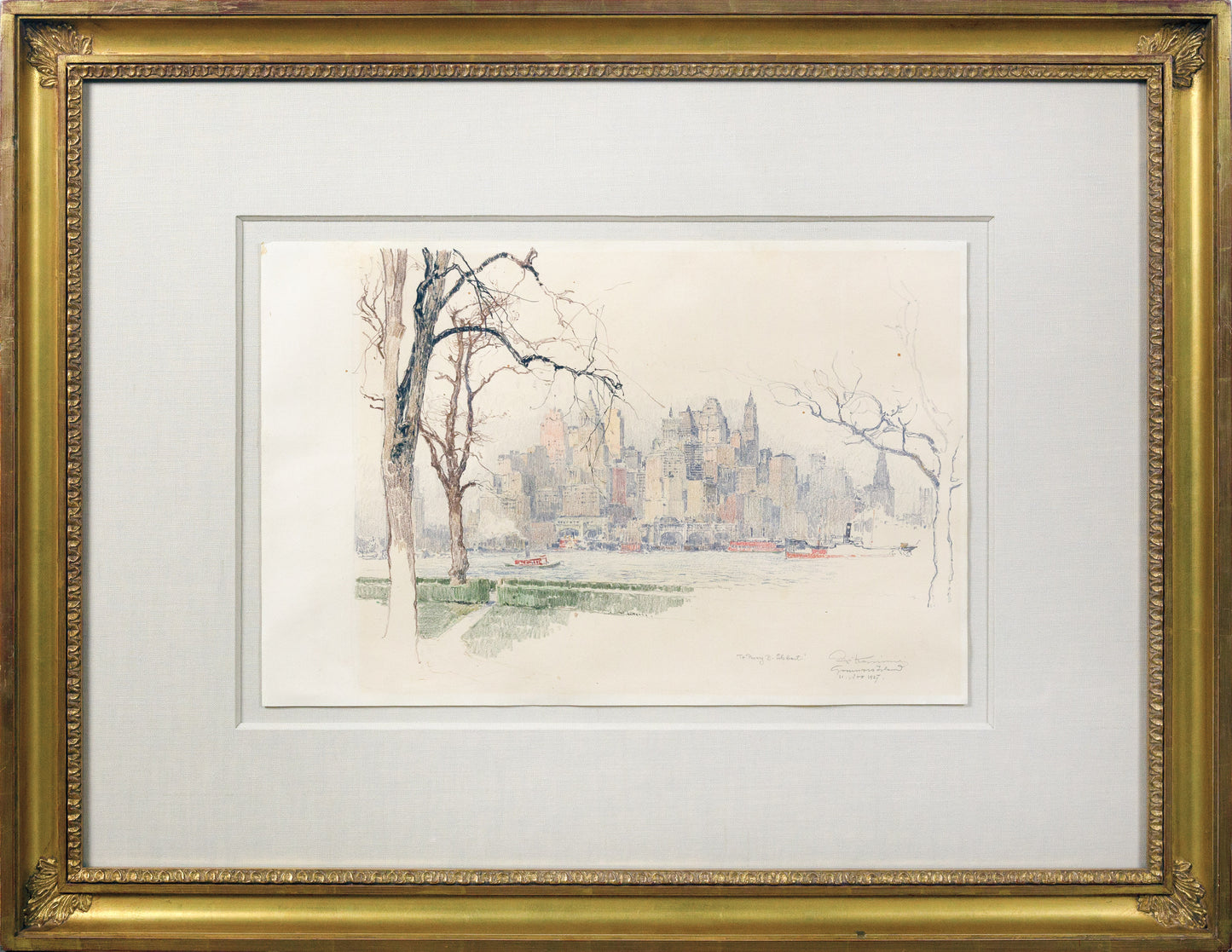 LUIGI KASIMIR (1881-1962). View of [New York from] Governor’s Island. 1927