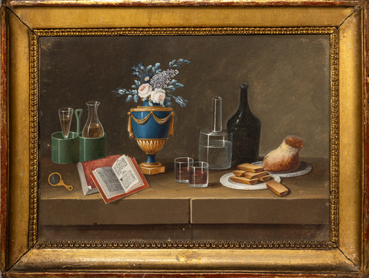 FEYERABEND DIT LELONG, Johann Rudolf (French, 1779-1814). Still Life [Blue Urn with Roses, A book, Cheese and Wine]