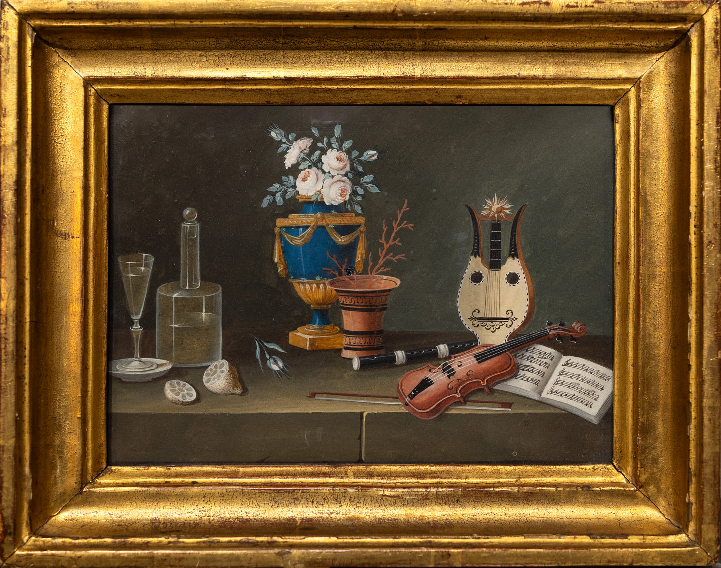 FEYERABEND DIT LELONG, Johann Rudolf (French, 1779-1814). Still Life [Blue Urn with Roses, Musical instruments, Coral and water glass]
