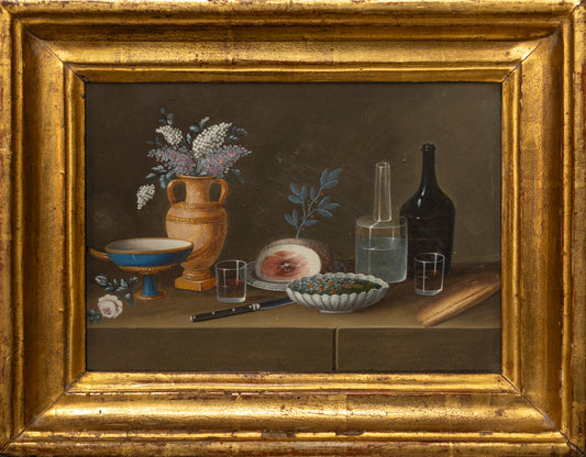 FEYERABEND DIT LELONG, Johann Rudolf (French, 1779-1814). Still Life [Blue Vase, Ham, Wine and Water Carafes]