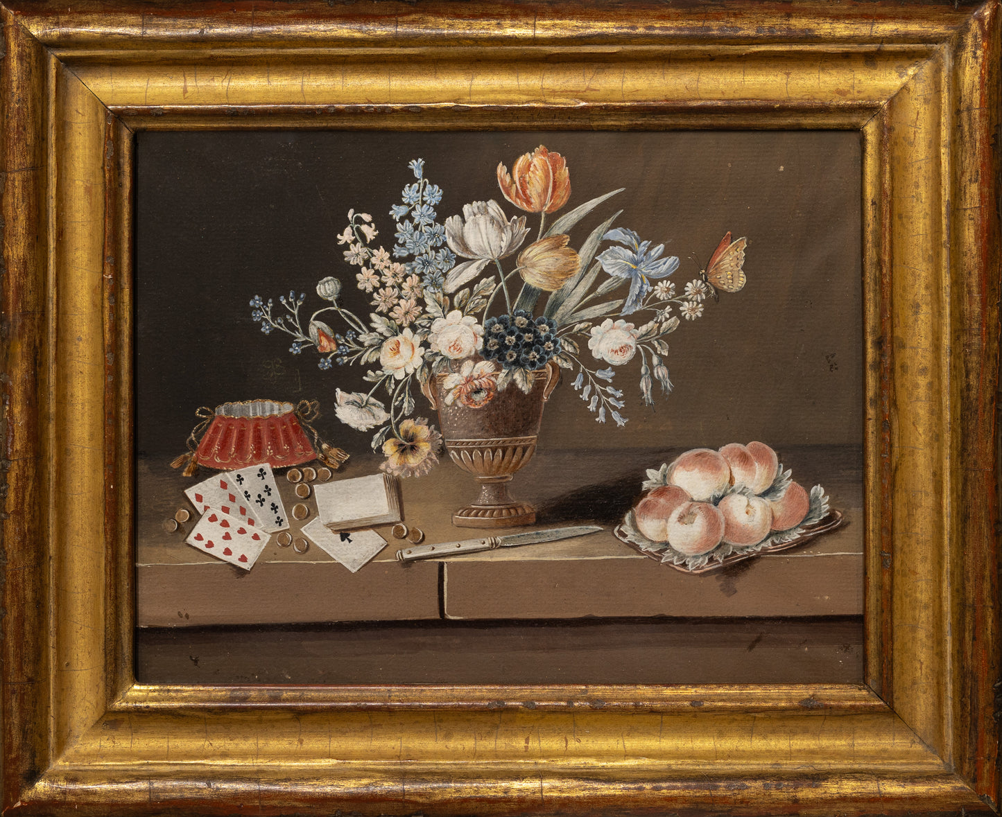 LE LONG, Paul (1799-1846). Still Life [Floral Bouquet, Playing Cards and Peaches]