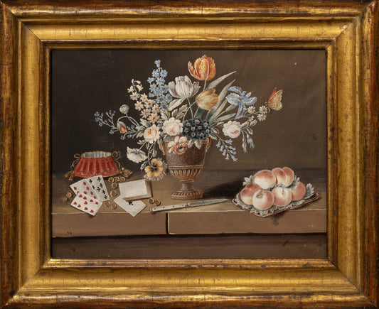LE LONG, Paul (1799-1846). Still Life [Floral Bouquet, Playing Cards and Peaches]
