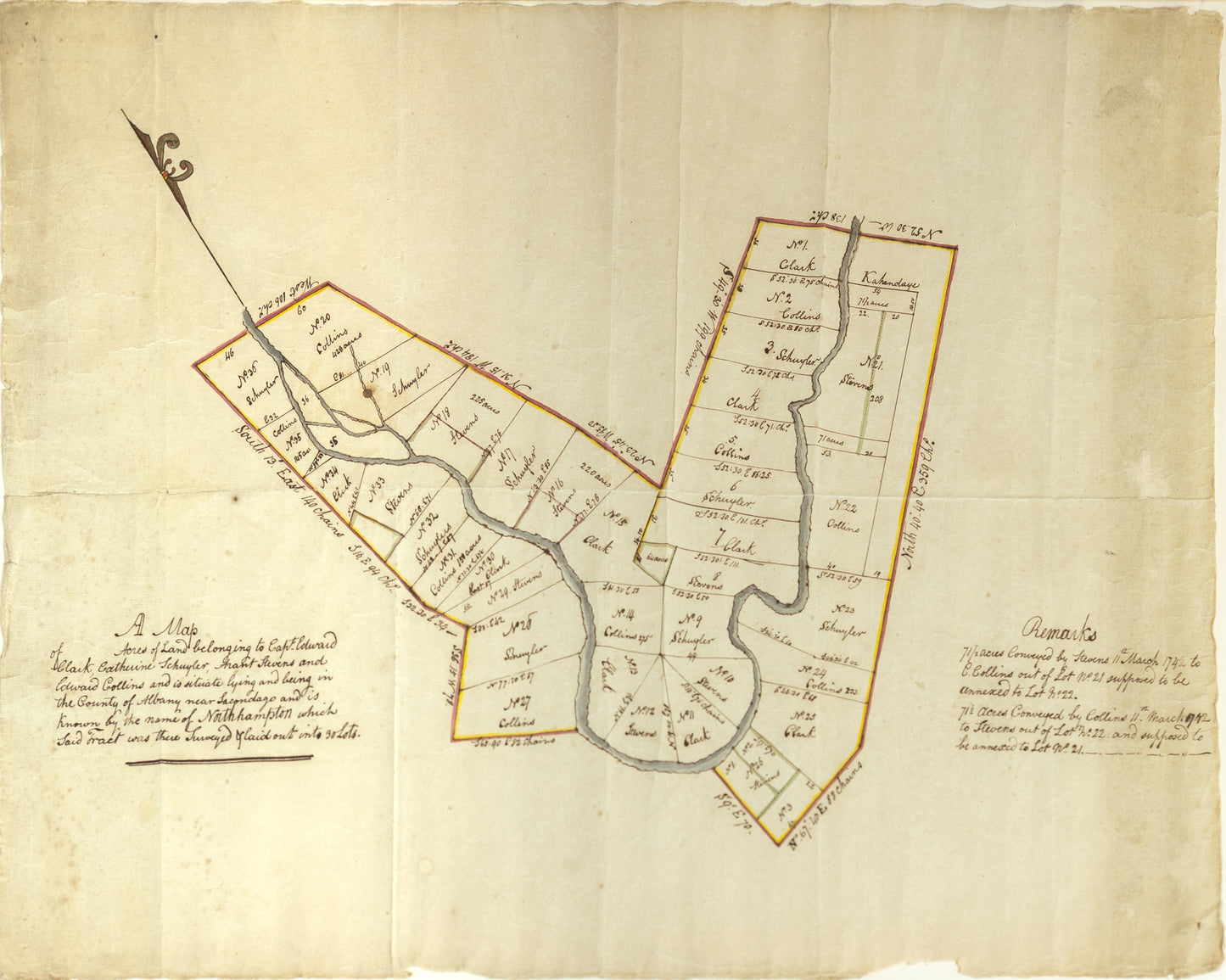 A Map: Acres of Land belonging to Capt. Edward Clark, Catherine Schuyler, Arant Stevens, and Edward Collins. Albany, 1742. [Manuscript map of Albany]