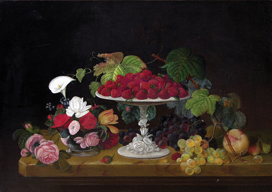 ROESEN, Severin (Prussian-American,1816-1872). Still Life with Strawberries and Flowers.