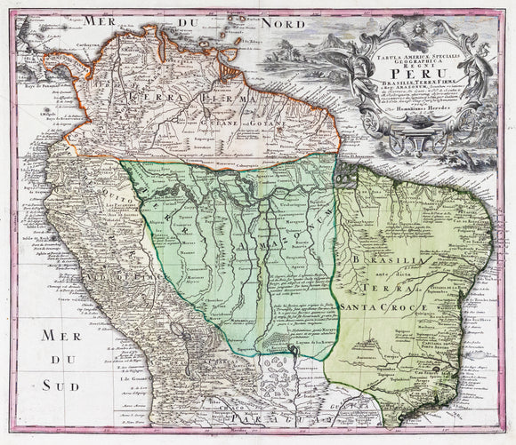 Homann, Heirs. Tabula Americe Specialis Geographica Pegni Peru. Nuremburg, 1728. [South America]