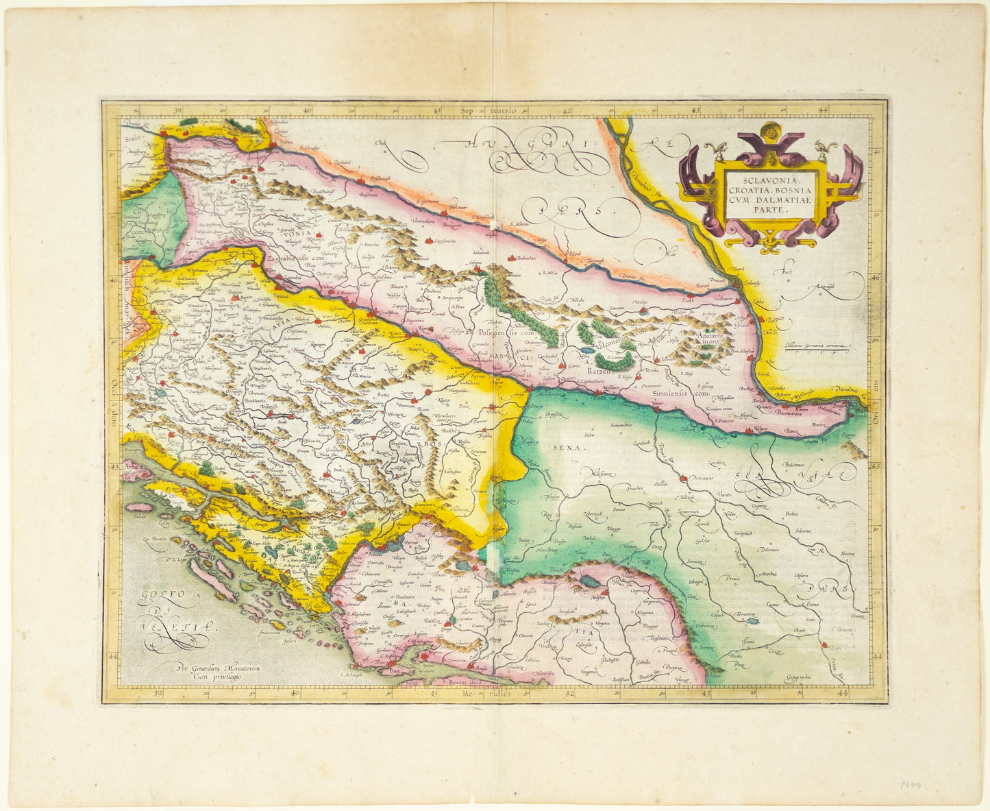 Hondius, Jodocus. Sclavonia, Croatia, Bosnia, cum Dalmatiae Parte. Amsterdam: ca. 1640. [Map of Slovenia, Croatia, Bosnia]