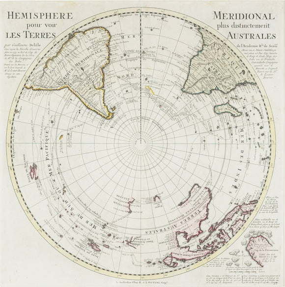 De L'Isle, Guillaume. Hemisphere Meridional pour voir plus distinctement les Terres Australes. Paris, 1714. [South Pole, Australia, New Zealand]