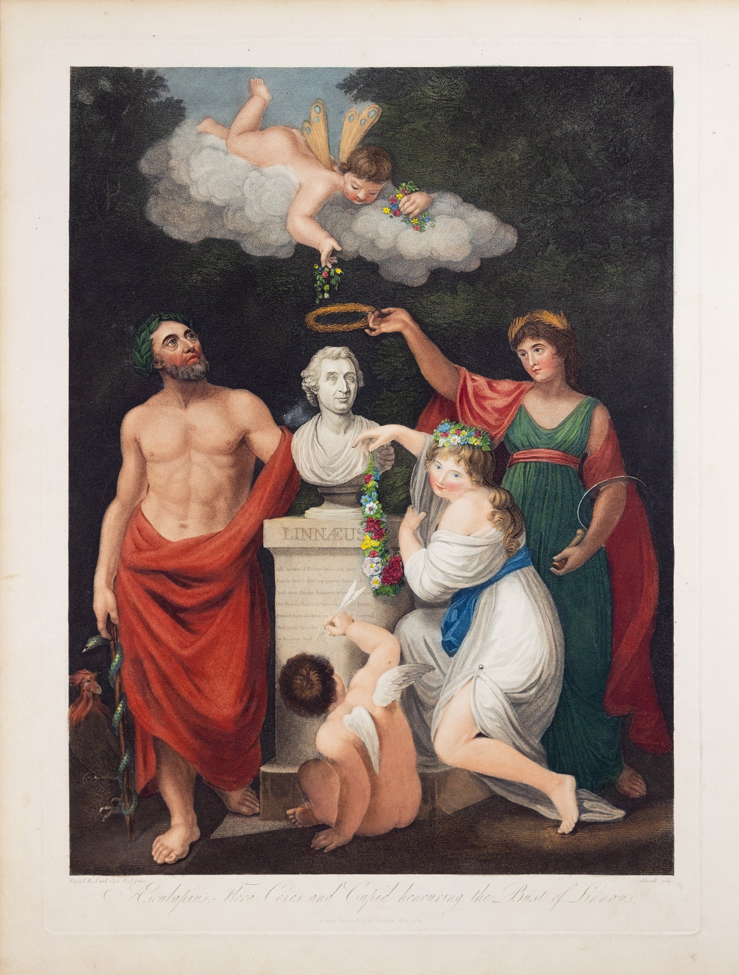 THORNTON, Dr Robert John (c. 1765-1832). Pl. 1, Aesculapius, Flora, Ceres and Cupid honoring the Bust of Linnaeus