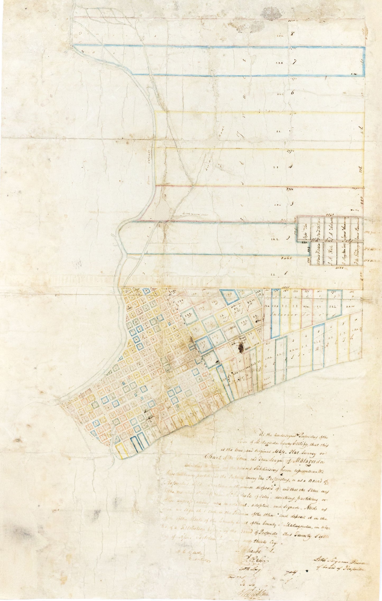 Fisher, Samuel Rhoads and Elias Wightman.  Survey of the Town of Matagorda, Texas and Environs.  1838.