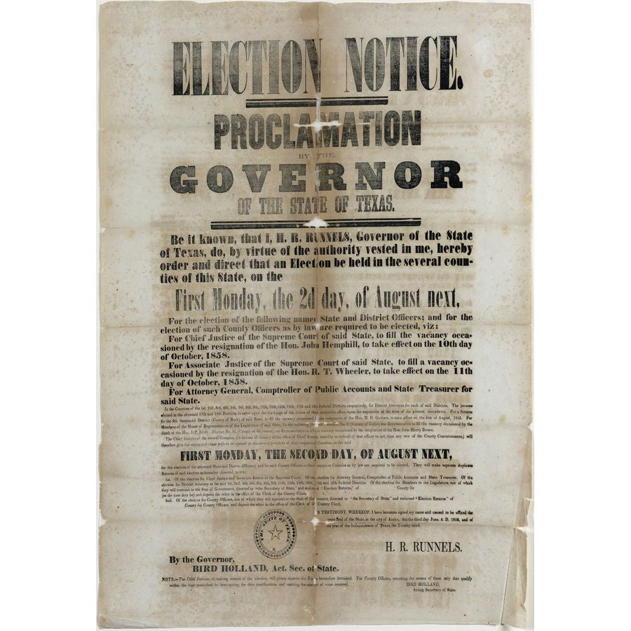 RUNNELS, Hardin Richard (1820-1873). Election Notice Broadside, Texas, 1858