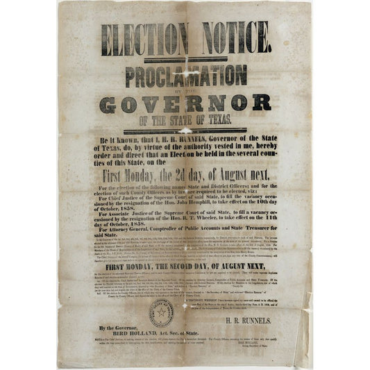 RUNNELS, Hardin Richard (1820-1873). Election Notice Broadside, Texas, 1858