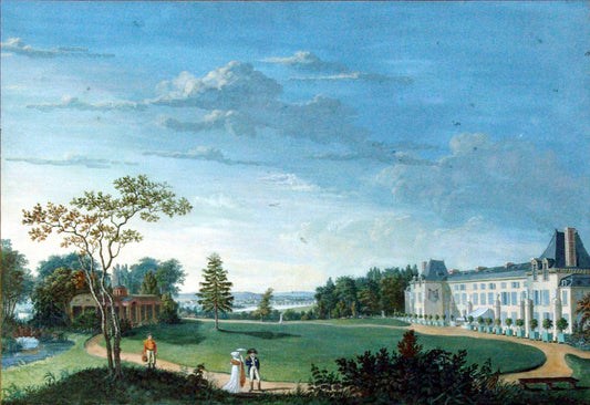 Mongin, Pierre Antoine (attr.). View of the Gardens and Facade of the Chateau de Malmaison, near Paris, with Napoleon and Josephine strolling in the foreground. After 1799.
