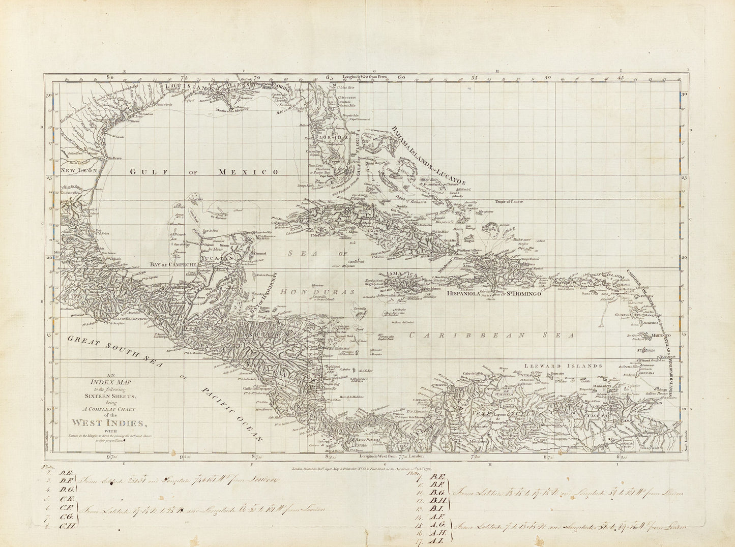 Robert Sayer. An Index Map in the following sixteen sheets being a complete chart of the West Indies. London, 1775.