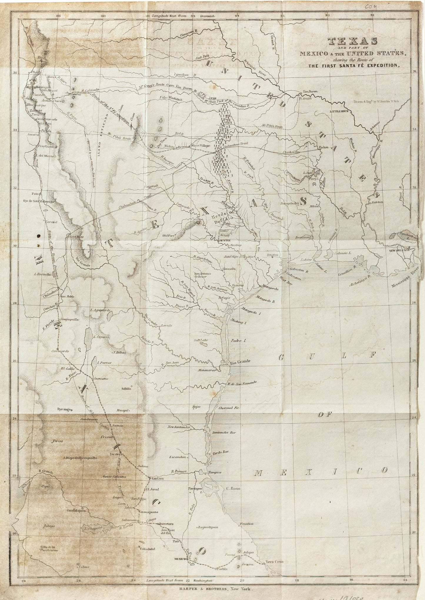 Kemble, W. Texas and part of Mexico & the United States, showing the route of the first Sante Fe expedition. New York, 1844.